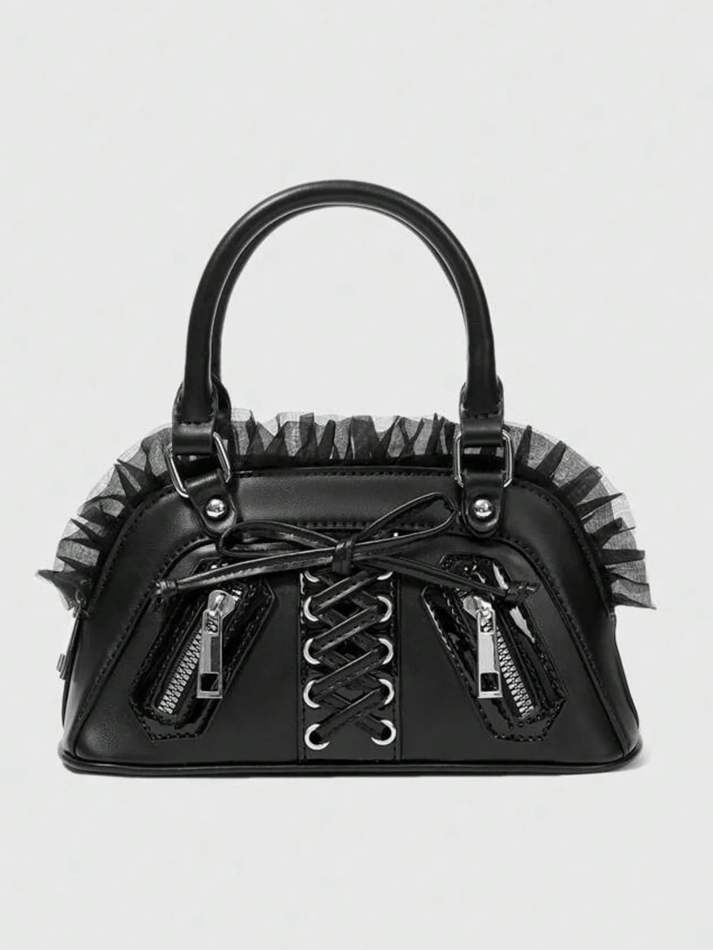 Goth Punk Pinup Black Vinyl Corset Purse with Tulle Trim